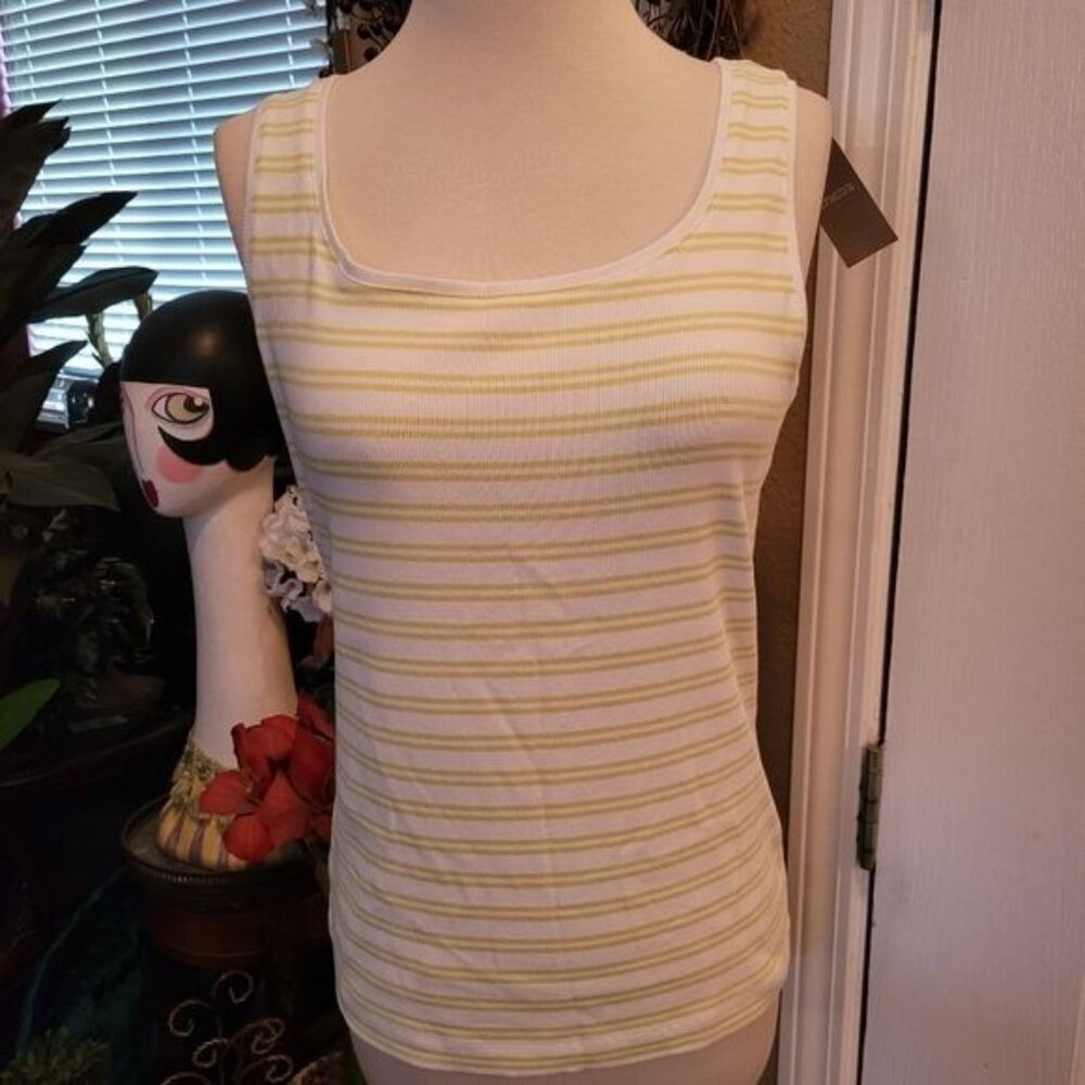New Chico's The Ultimate Tee Tank Top Lime Green White Stripes Striped ribbed
